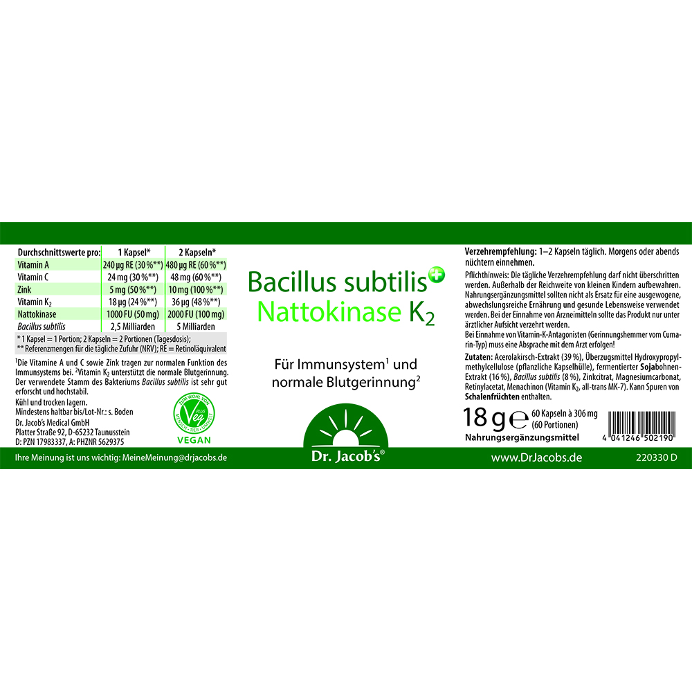 Bacillus subtilis plus Nattokinase-Enzym Vitamin K2 vegan