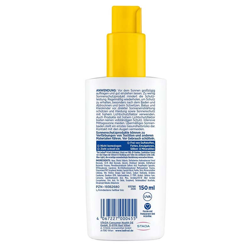 Ladival Allergische Haut Sonnenschutz-Spray LSF 50+: Sonnencreme für den Körper bei Sonnenallergie und Mallorca-Akne, wasserfest, mit 4-fach Zellschutz, 150ml