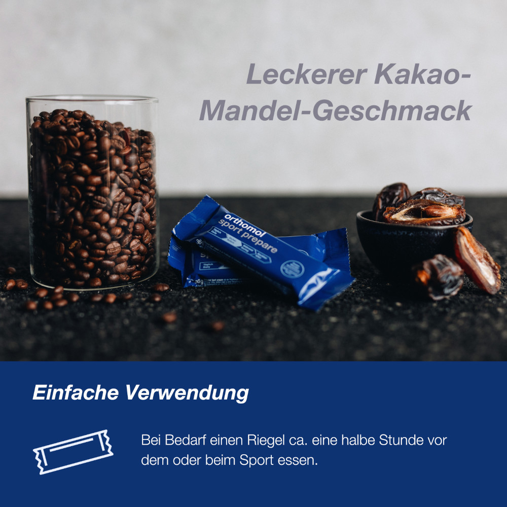 orthomol sport prepare - Fruchtriegel mit Kreatin, Koffein und BCAA - Einnahme vor dem Training - Schoko-Mandel-Dattel-Geschmack - Riegel