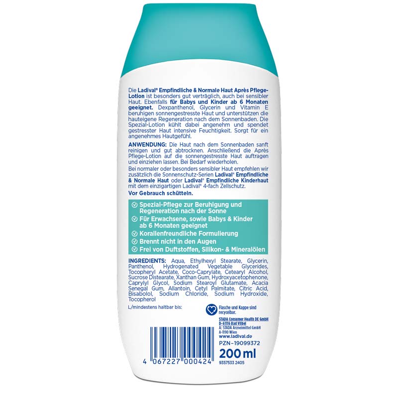 Ladival Empfindliche & Normale Haut Après Pflege-Lotion, After Sun Repair für Erwachsene & Kinder ab 6 Monaten geeignet, kühlt und pflegt nach der Sonne, spendet intensiv Feuchtigkeit, 200ml  