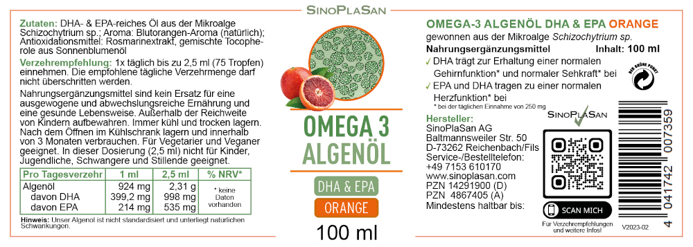 SinoPlaSan Omega-3 Algenöl 100 ml Öl