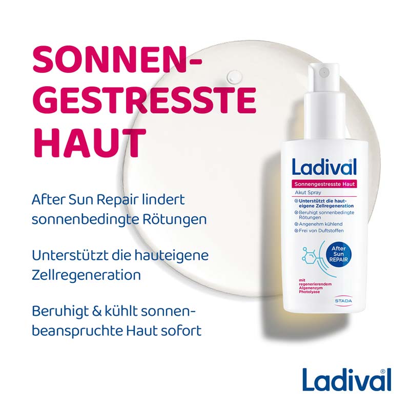 Ladival Sonnengestresste Haut Akut Spray, After Sun Repair für den Körper, regeneriert mit Photolyase, feuchtigkeitsspendend und kühlend, mit Panthenol und Vitamin E, 150ml