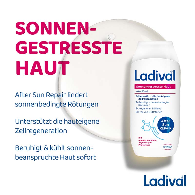 Ladival Sonnengestresste Haut Akut, After Sun Repair für den Körper, regeneriert mit Photolyase, feuchtigkeitsspendend und kühlend, mit Panthenol und Vitamin E, 200ml