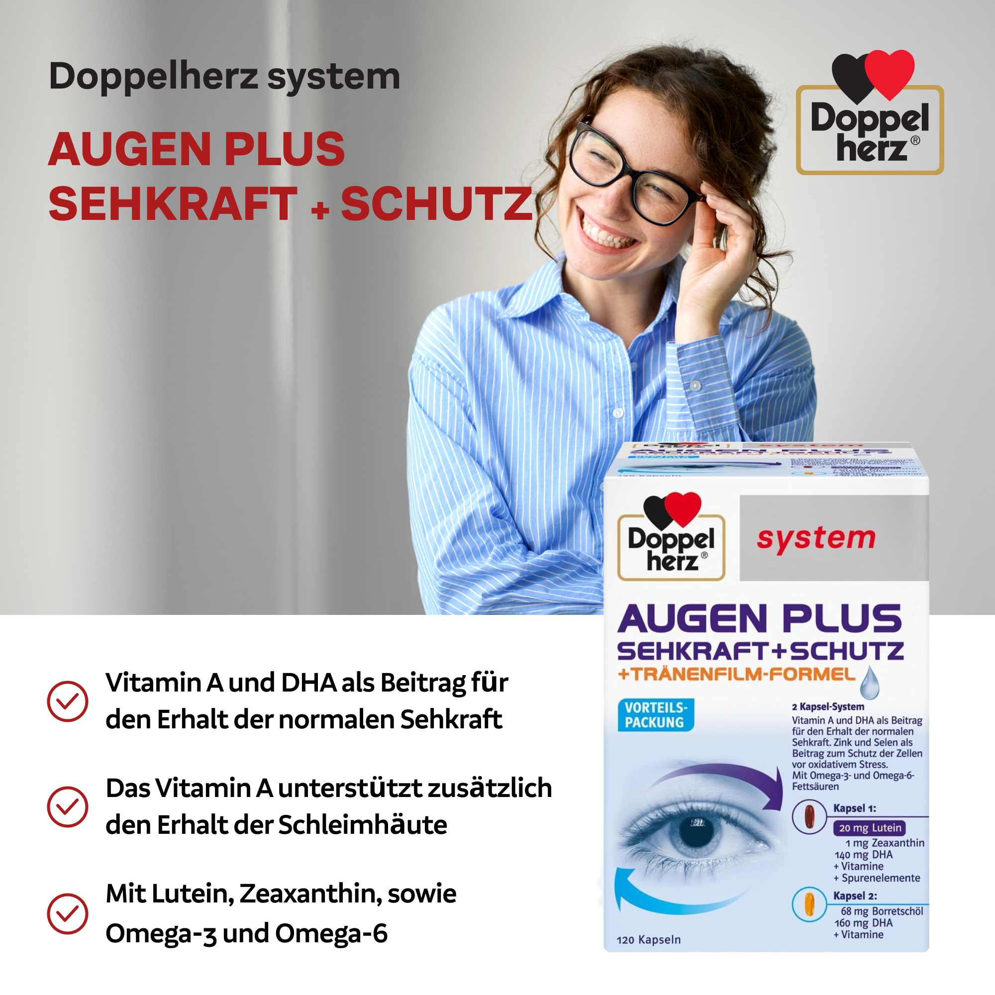 Doppelherz system AUGEN PLUS SEHKRAFT+SCHUTZ+TRÄNENFILM-FORMEL 120 St Kapseln