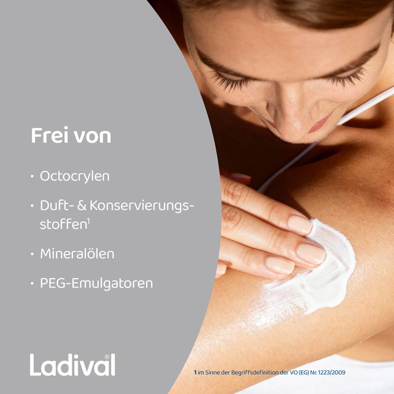 Ladival Trockene Haut Sonnenschutz-Lotion LSF 50+: Sonnencreme bei Neigung zu Neurodermitis, Psoriasis & bei trockener Haut, beruhigend und pflegend mit Hyaluronsäure, mit 4-fach Zellschutz, wasserfest, 200ml