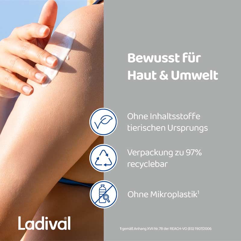 Ladival Trockene Haut Sonnenschutz-Spray LSF 50+: Sonnencreme bei Neigung zu Neurodermitis, Psoriasis & bei trockener Haut, beruhigend und pflegend mit Hyaluronsäure, mit 4-fach Zellschutz, wasserfest, 150ml
