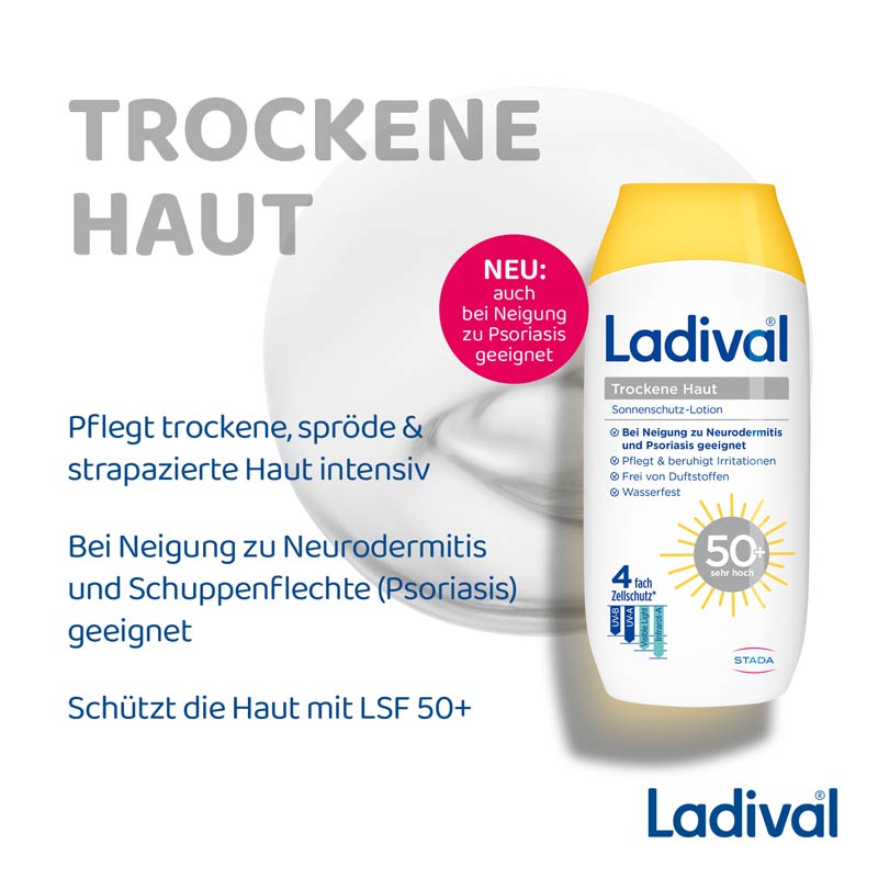 Ladival Trockene Haut Sonnenschutz-Lotion LSF 50+: Sonnencreme bei Neigung zu Neurodermitis, Psoriasis & bei trockener Haut, beruhigend und pflegend mit Hyaluronsäure, mit 4-fach Zellschutz, wasserfest, 200ml