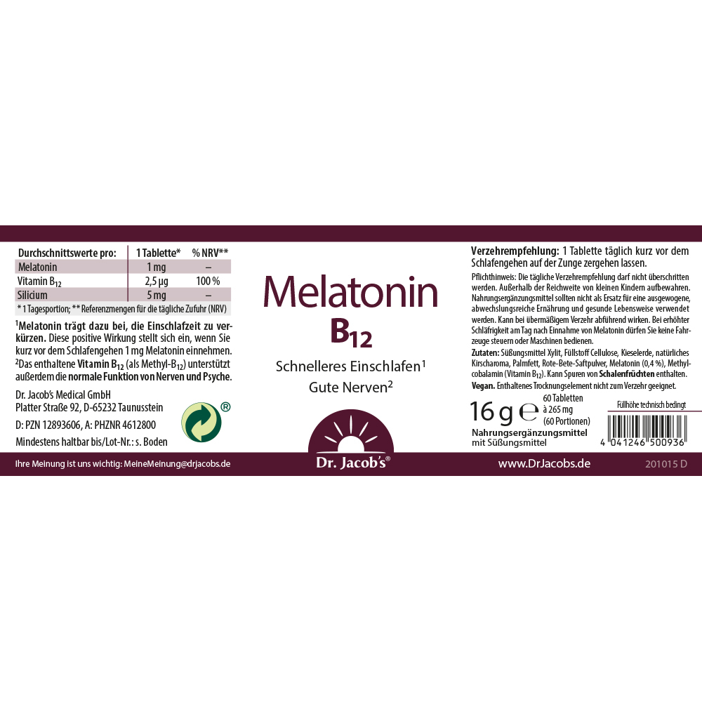 Dr. Jacob's Melatonin B12 60 Lutschtabletten 1 mg vegan