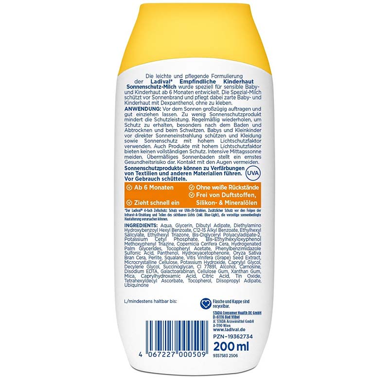 Ladival Empfindliche Kinderhaut Sonnenschutz-Milch LSF 50+: Sonnencreme für Kinder und Babys ab 6 Monaten, extra wasserfest, mit 4-fach Zellschutz, 200ml