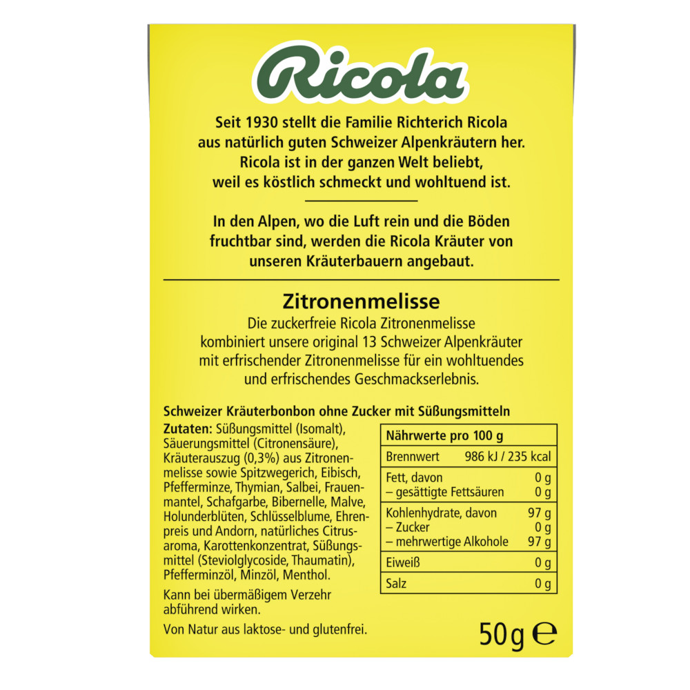 Ricola Zitronenmelisse Schweizer Kräuterbonbon zuckerfrei 50 g Bonbons