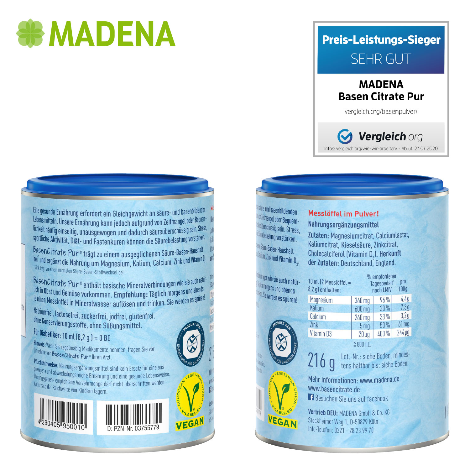 MADENA Basen Citrate Pur 216 g Pulver