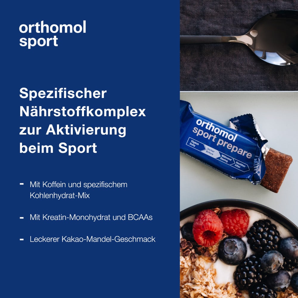 orthomol sport prepare - Fruchtriegel mit Kreatin, Koffein und BCAA - Einnahme vor dem Training - Schoko-Mandel-Dattel-Geschmack - Riegel
