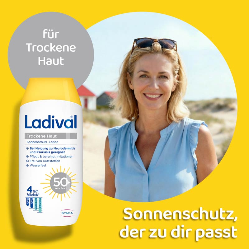 Ladival Trockene Haut Sonnenschutz-Lotion LSF 50+: Sonnencreme bei Neigung zu Neurodermitis, Psoriasis & bei trockener Haut, beruhigend und pflegend mit Hyaluronsäure, mit 4-fach Zellschutz, wasserfest, 200ml