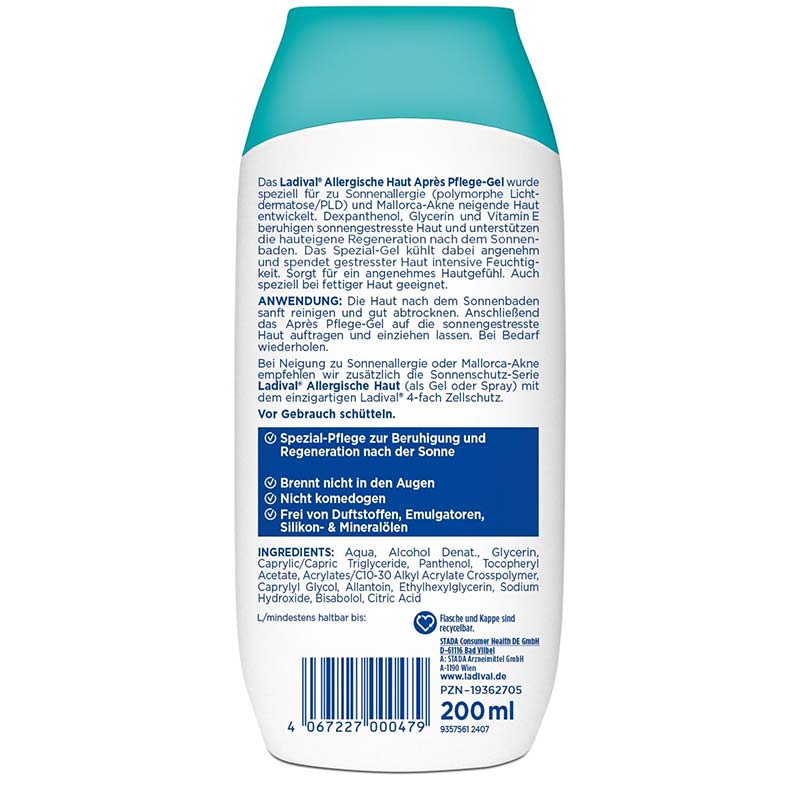 Ladival Allergische Haut Après Pflege-Gel, After Sun Repair bei Sonnenallergie oder Mallorca-Akne, kühlt und pflegt nach der Sonne, spendet intensiv Feuchtigkeit, für Erwachsene & Kinder ab 6 Monaten geeignet, 200ml