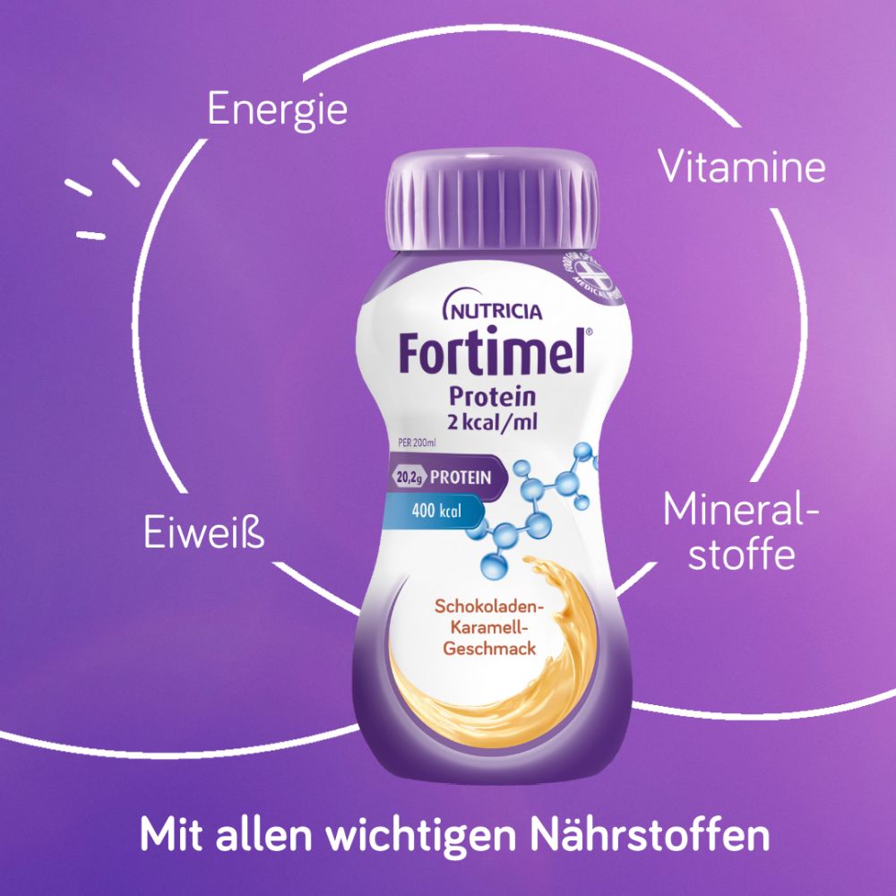 Fortimel Protein 2 kcal Schokolade-Karamell 4X200 ml Flüssigkeit