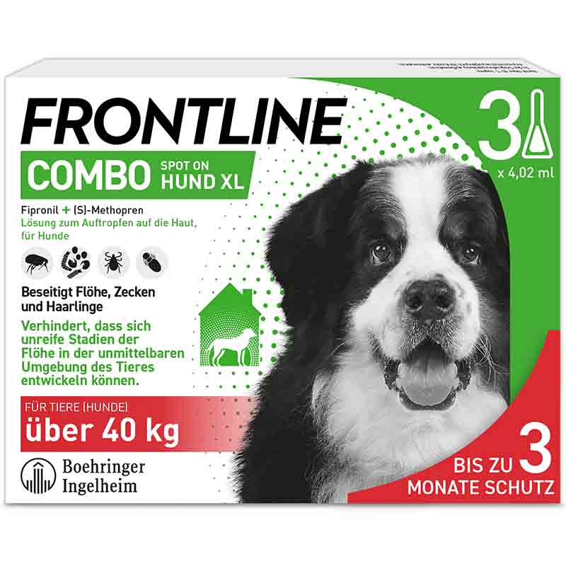 FRONTLINE COMBO gegen Zecken, Flöhe (Flöhe, Eier, Larven, Puppen) bei Hunden XL (40-60Kg) 3 St Lösung