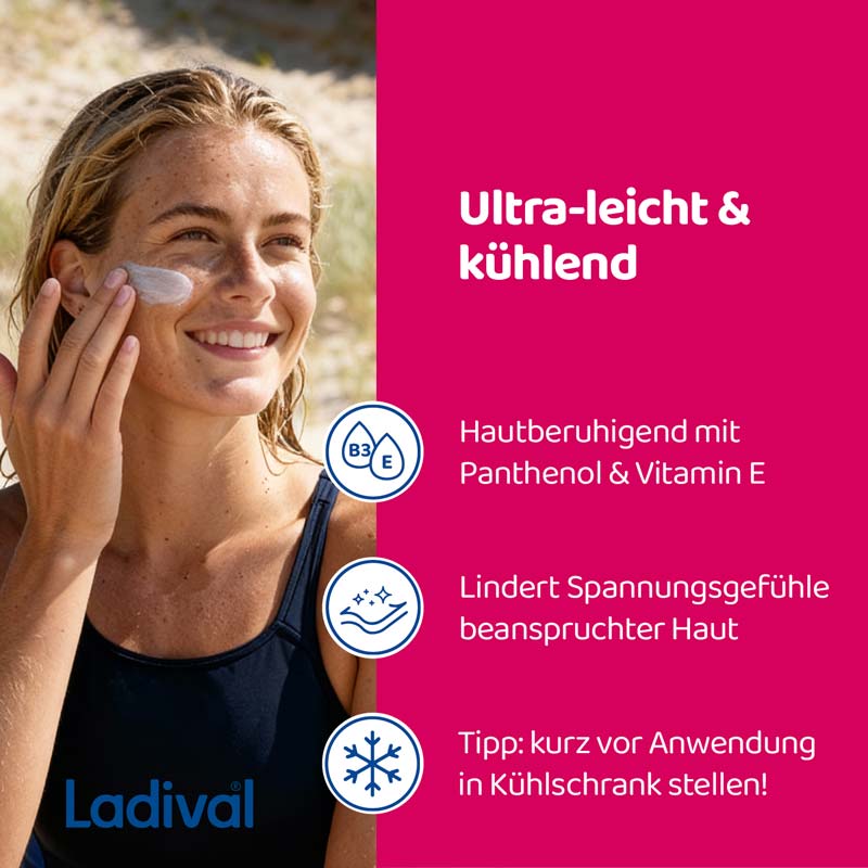 Ladival Sonnengestresste Haut Akut Serum, After Sun Repair für das Gesicht, regeneriert mit Photolyase, feuchtigkeitsspendend und kühlend, mit Panthenol und Vitamin E, 50ml