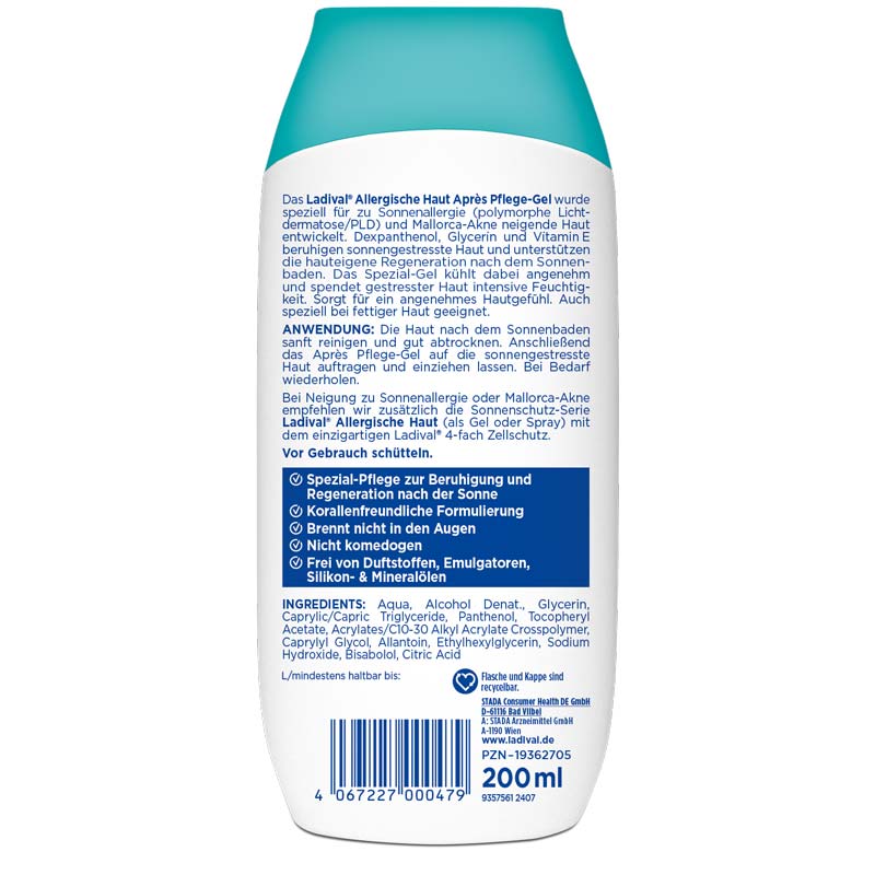 Ladival Allergische Haut Après Pflege-Gel, After Sun Repair bei Sonnenallergie oder Mallorca-Akne, kühlt und pflegt nach der Sonne, spendet intensiv Feuchtigkeit, für Erwachsene & Kinder ab 6 Monaten geeignet, 200ml