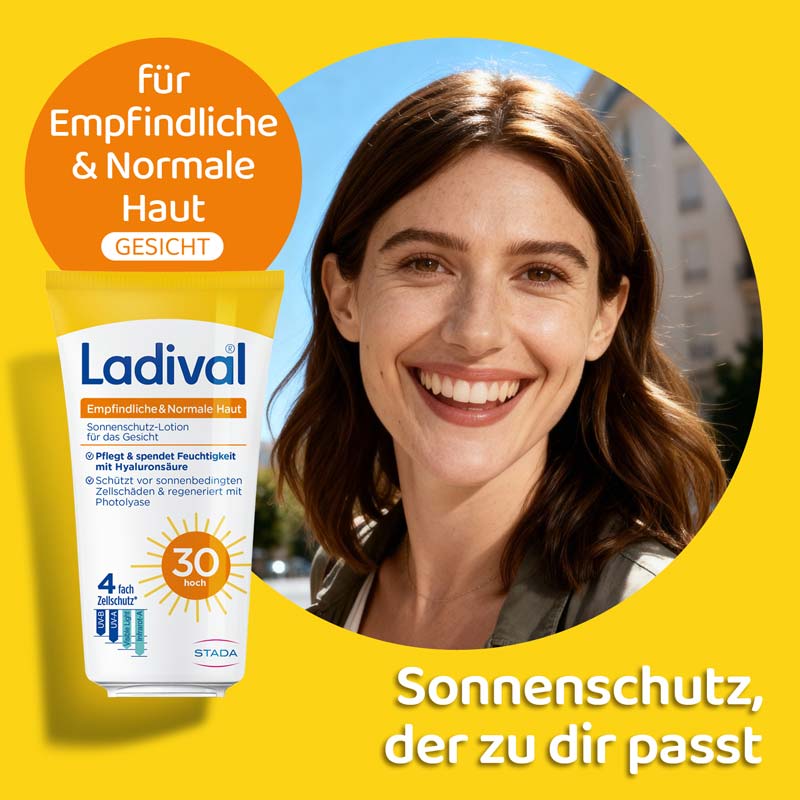 Ladival Empfindliche & Normale Haut Sonnenschutz-Lotion LSF 30: Sonnencreme für das Gesicht bei empfindlicher und normaler Haut, mit 4-fach Zellschutz, Hyaluronsäure & Photolyase, 50ml