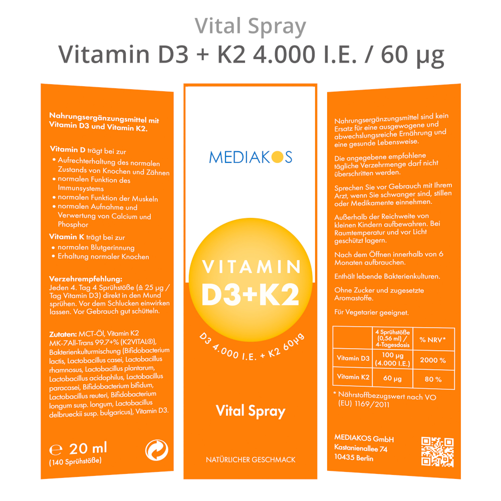 MEDIAKOS Vitamin D3 + K2 4000 I.E. / 60µg  20 ml Spray