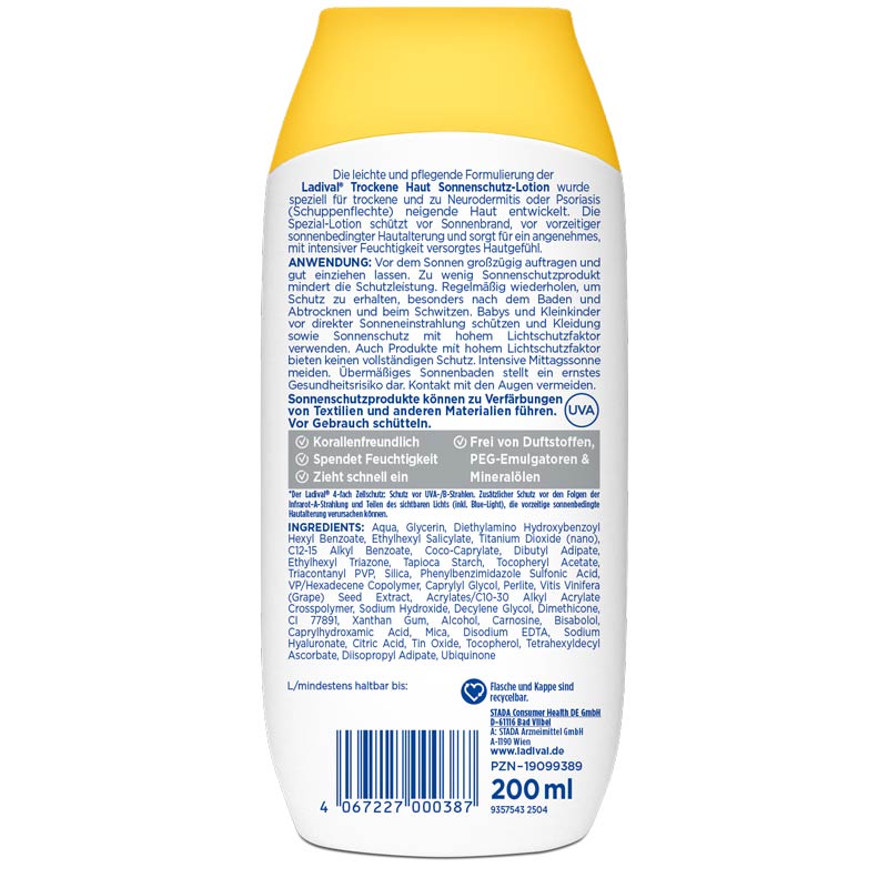 Ladival Trockene Haut Sonnenschutz-Lotion LSF 50+: Sonnencreme bei Neigung zu Neurodermitis, Psoriasis & bei trockener Haut, beruhigend und pflegend mit Hyaluronsäure, mit 4-fach Zellschutz, wasserfest, 200ml