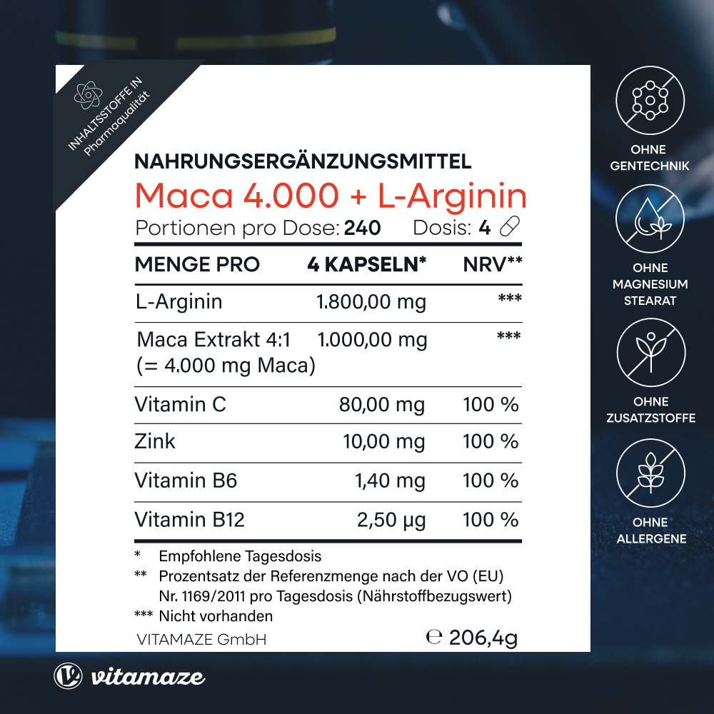 vitamaze MACA 4:1 HOCHDOSIERT + L-Arginin 240 St Kapseln