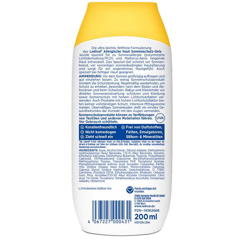 Ladival Allergische Haut Sonnenschutz-Gel LSF 50+: Sonnencreme für den Körper bei Sonnenallergie und Mallorca-Akne, wasserfest, mit 4-fach Zellschutz, 200ml