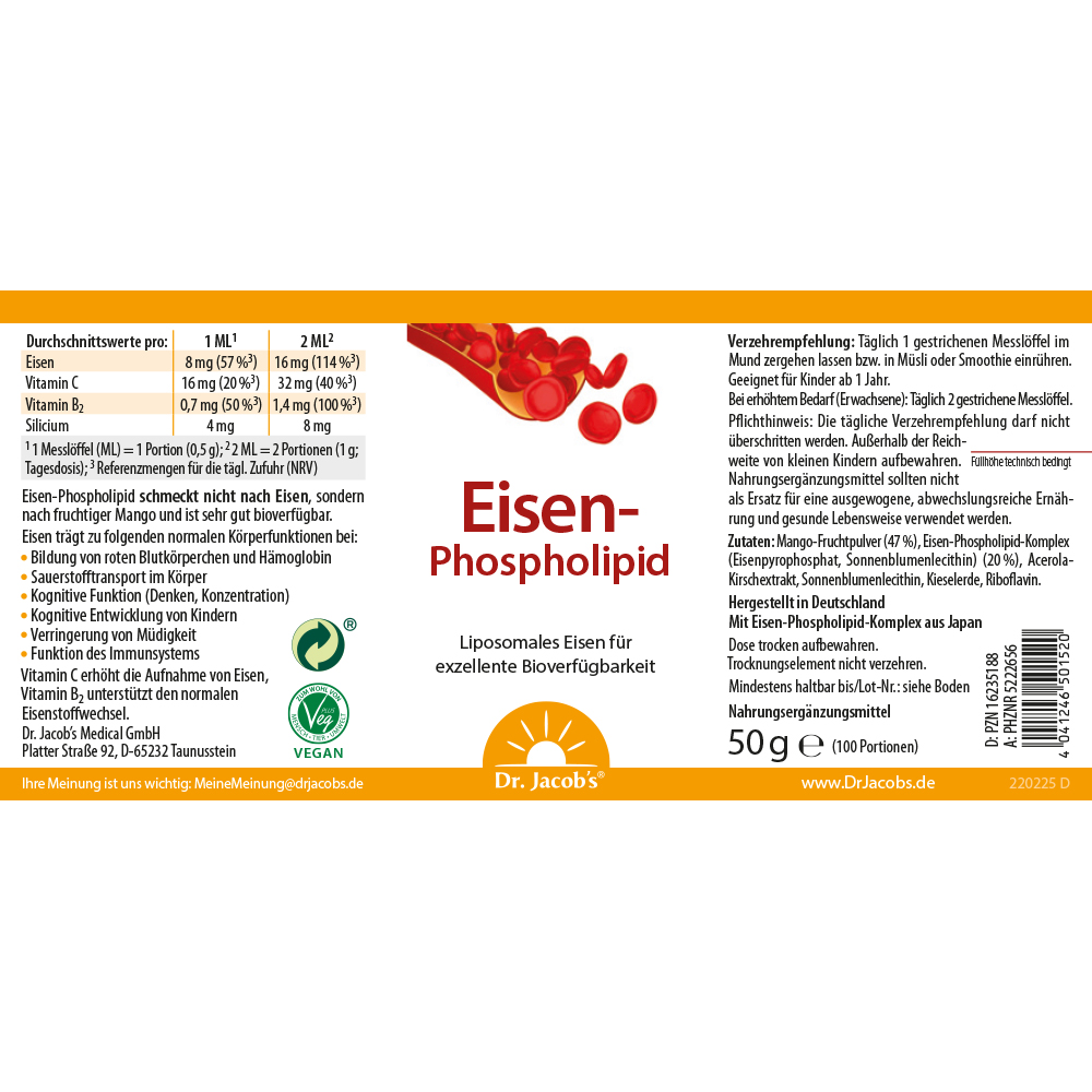 Dr. Jacob's Eisen-Phospholipid Mango Pulver liposomal vegan