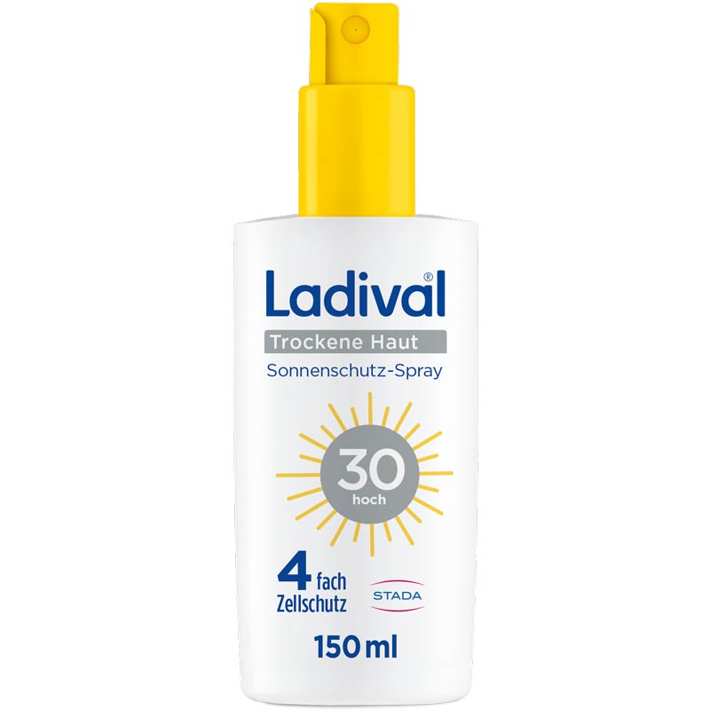Ladival Trockene Haut Sonnenschutz-Spray LSF 30: Sonnencreme bei Neigung zu Neurodermitis, Psoriasis & bei trockener Haut, beruhigend und pflegend mit Hyaluronsäure, mit 4-fach Zellschutz, wasserfest, 150ml