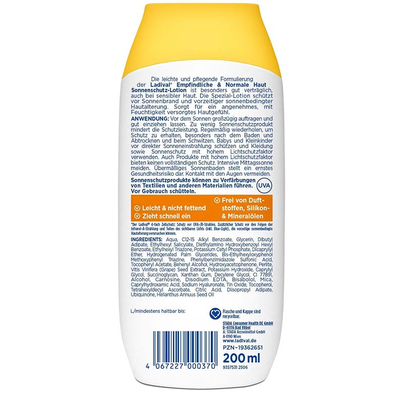 Ladvial Empfindliche & Normale Haut Sonnenschutz-Lotion LSF 30: Sonnencreme für den Körper, spendet Feuchtigkeit, wasserfest, mit 4-fach Zellschutz, 200ml