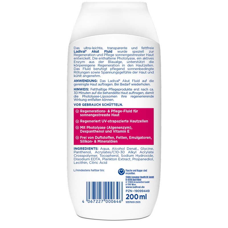 Ladival Sonnengestresste Haut Akut, After Sun Repair für den Körper, regeneriert mit Photolyase, feuchtigkeitsspendend und kühlend, mit Panthenol und Vitamin E, 200ml