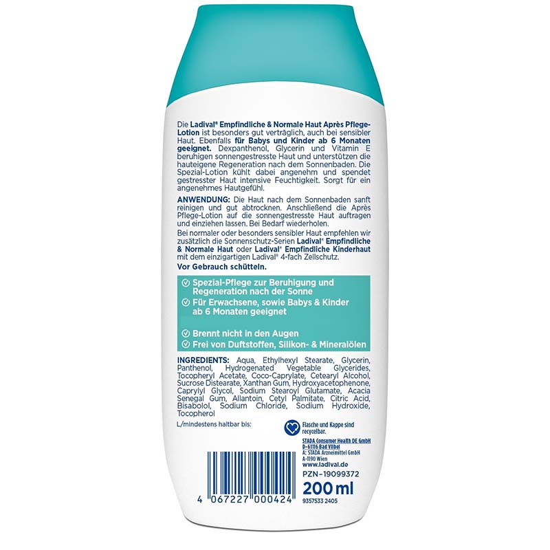 Ladival Empfindliche & Normale Haut Après Pflege-Lotion, After Sun Repair für Erwachsene & Kinder ab 6 Monaten geeignet, kühlt und pflegt nach der Sonne, spendet intensiv Feuchtigkeit, 200ml  