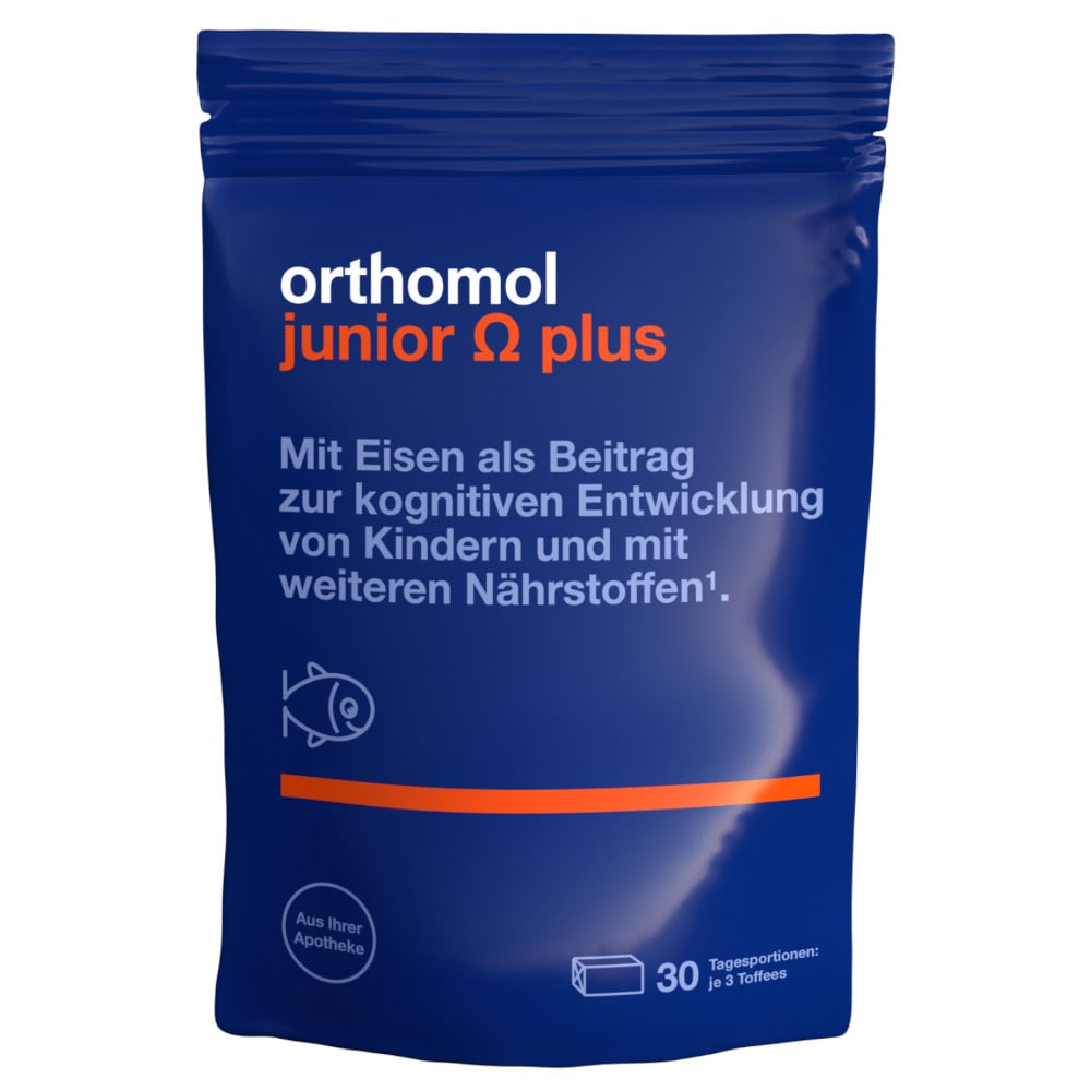 orthomol junior Omega plus - mit Eisen, Omega-3-Fettsäuren und Vitamin B12 - 90 Toffees