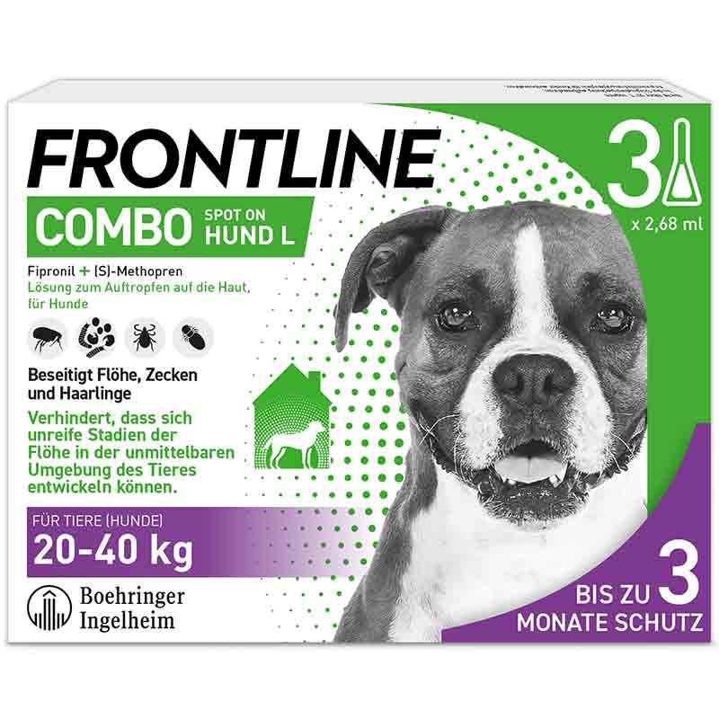FRONTLINE COMBO gegen Zecken, Flöhe (Flöhe, Eier, Larven, Puppen) für Hunde L (20-40 Kg) 3 St Lösung