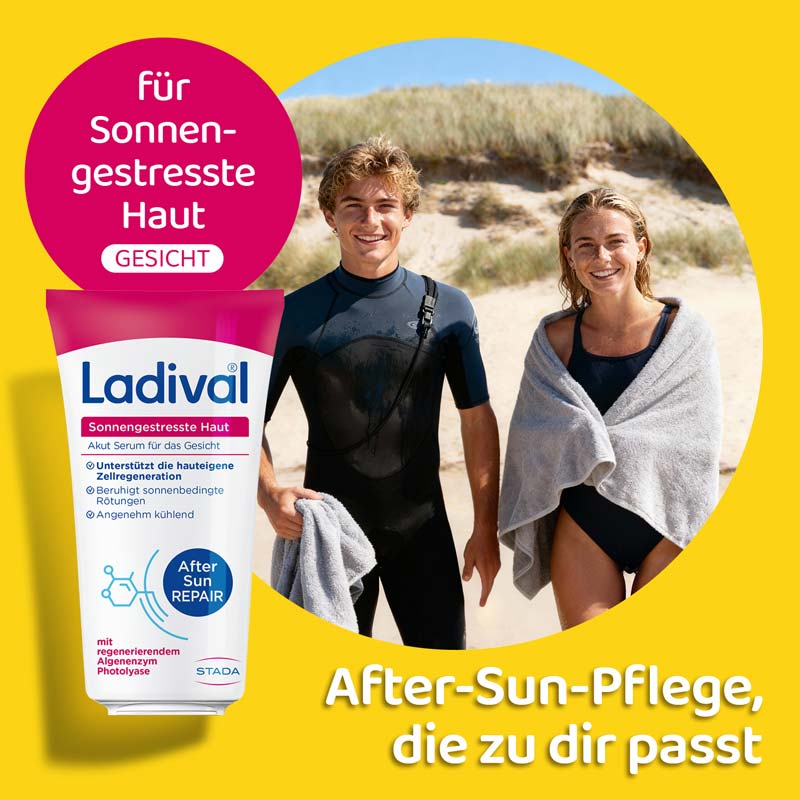 Ladival Sonnengestresste Haut Akut Serum, After Sun Repair für das Gesicht, regeneriert mit Photolyase, feuchtigkeitsspendend und kühlend, mit Panthenol und Vitamin E, 50ml