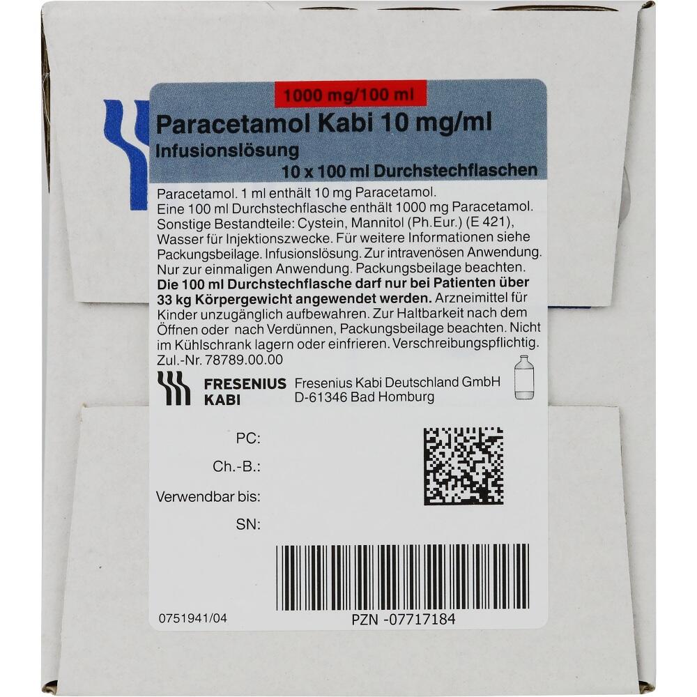 PARACETAMOL Kabi 10 mg/ml 1.000 mg Infusionslsg. 10X100 ml Infusionslösung