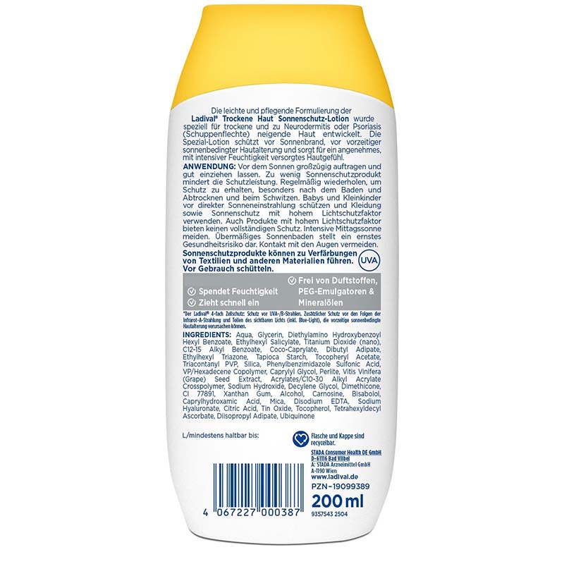 Ladival Trockene Haut Sonnenschutz-Lotion LSF 30: Sonnencreme bei Neigung zu Neurodermitis, Psoriasis & bei trockener Haut, beruhigend und pflegend mit Hyaluronsäure, mit 4-fach Zellschutz, wasserfest, 200ml