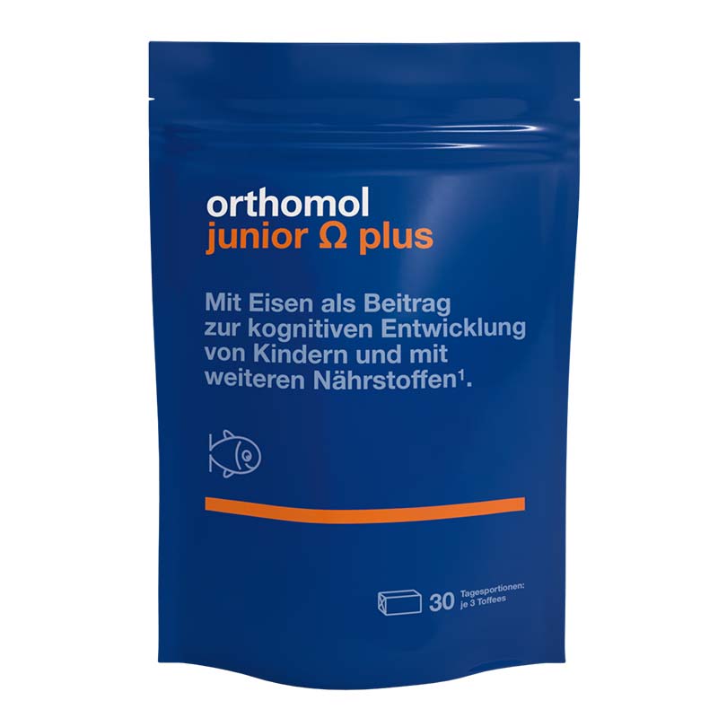 orthomol junior Omega plus - mit Eisen, Omega-3-Fettsäuren und Vitamin B12 - 90 Toffees