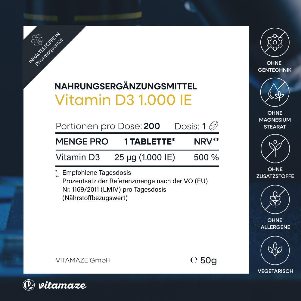vitamaze VITAMIN D3 1.000 I.E. daily vegetarisch 200 St Tabletten