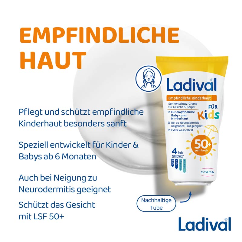 Ladival Empfindliche Kinderhaut Sonnenschutz-Creme Gesicht & Körper LSF 50+: Sonnencreme für Kinder und Babys ab 6 Monaten, pflegend, wasserfest, mit 4-fach Zellschutz, 50ml