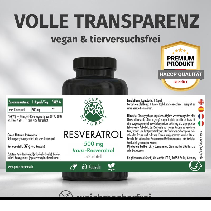 GREEN NATURALS RESVERATROL 500mg trans-Resveratrol 60 St Kapseln