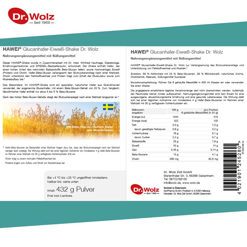 Dr. Wolz HAWEI Glucanhafer-Eiweiß-Shake Vanillegeschmack  432 g Pulver