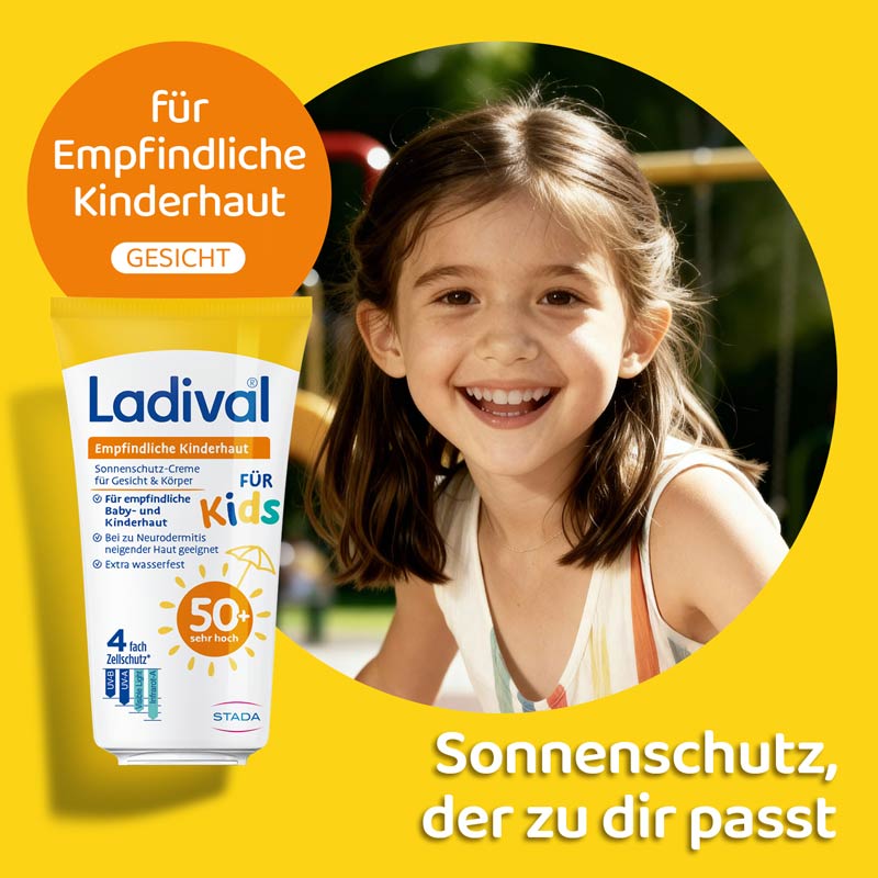 Ladival Empfindliche Kinderhaut Sonnenschutz-Creme Gesicht & Körper LSF 50+: Sonnencreme für Kinder und Babys ab 6 Monaten, pflegend, wasserfest, mit 4-fach Zellschutz, 50ml