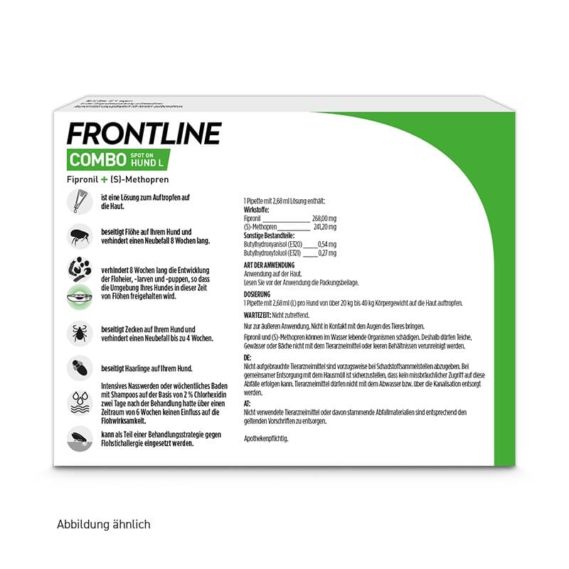 FRONTLINE COMBO gegen Zecken, Flöhe (Flöhe, Eier, Larven, Puppen) für Hunde L (20-40 Kg) 3 St Lösung