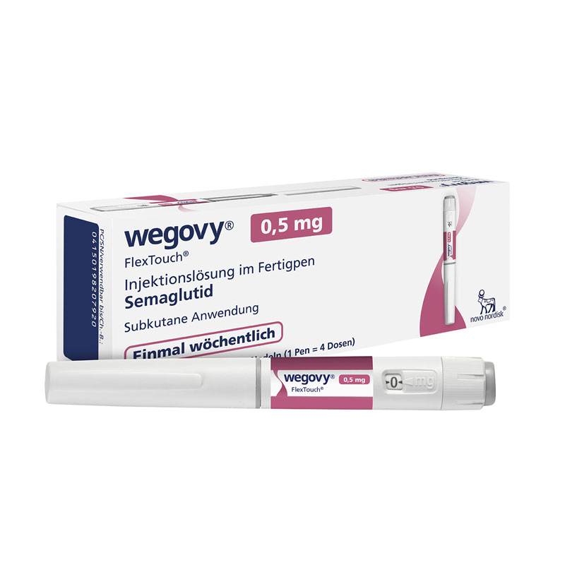 Wegovy Abnehmspritze zur Gewichtsreduktion – Produktabbildung des Wegovy Fertigpens und der Verpackung