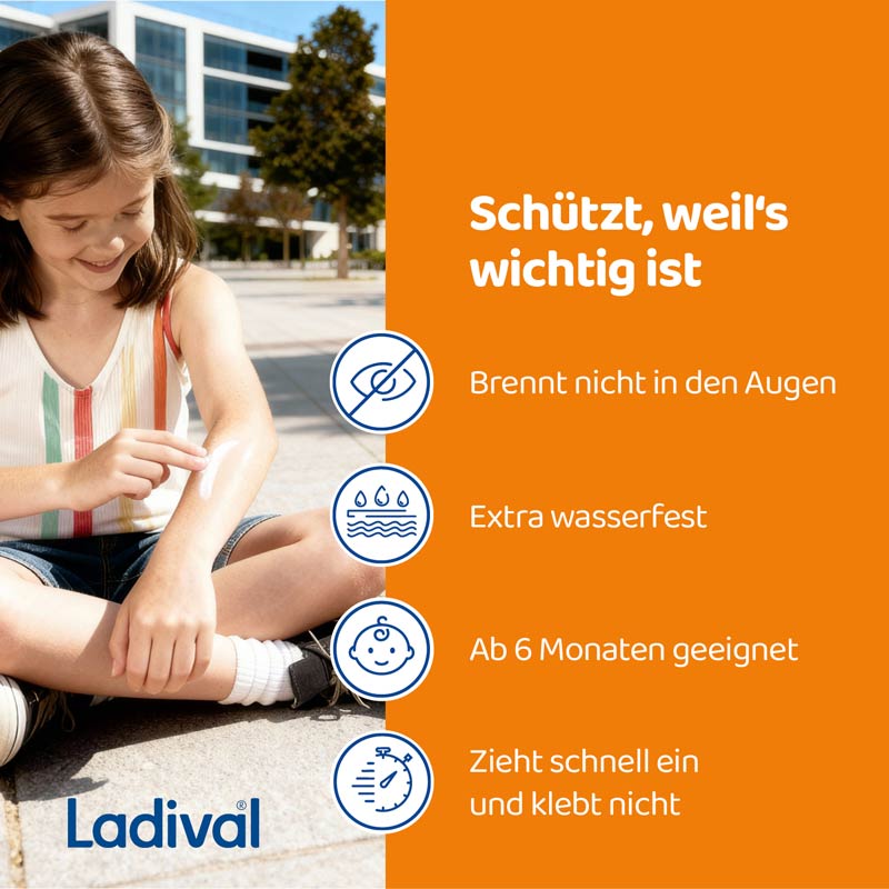 Ladival Empfindliche Kinderhaut Sonnenschutz-Milch LSF 50+: Sonnencreme für Kinder und Babys ab 6 Monaten, extra wasserfest, mit 4-fach Zellschutz, 200ml
