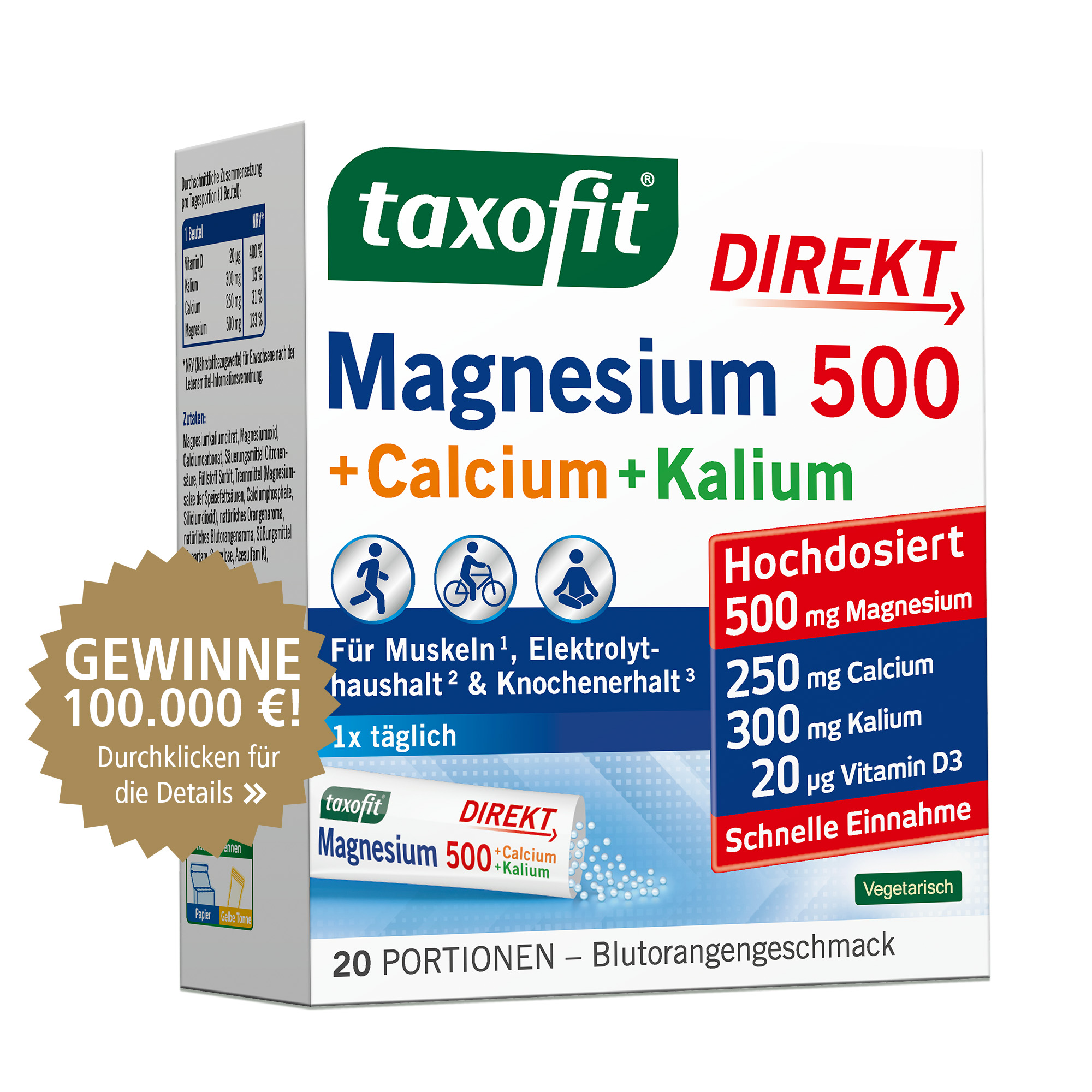 taxofit DIREKT Magnesium 500 + Calcium + Kalium 20 St Granulat
