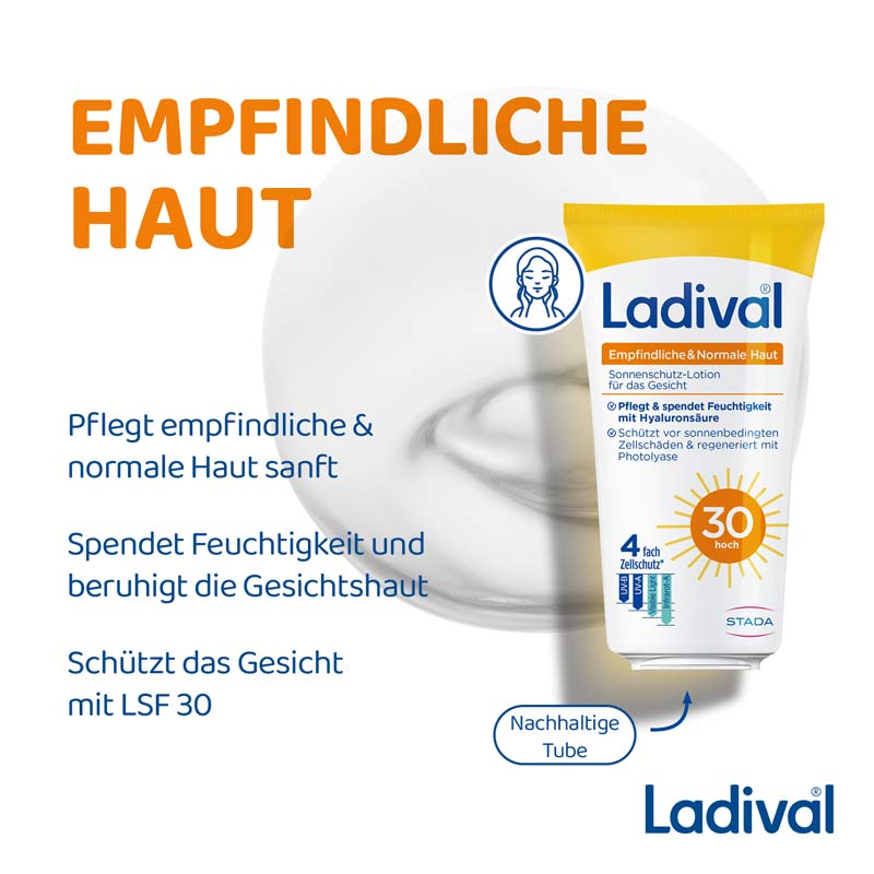 Ladival Empfindliche & Normale Haut Sonnenschutz-Lotion LSF 30: Sonnencreme für das Gesicht bei empfindlicher und normaler Haut, mit 4-fach Zellschutz, Hyaluronsäure & Photolyase, 50ml