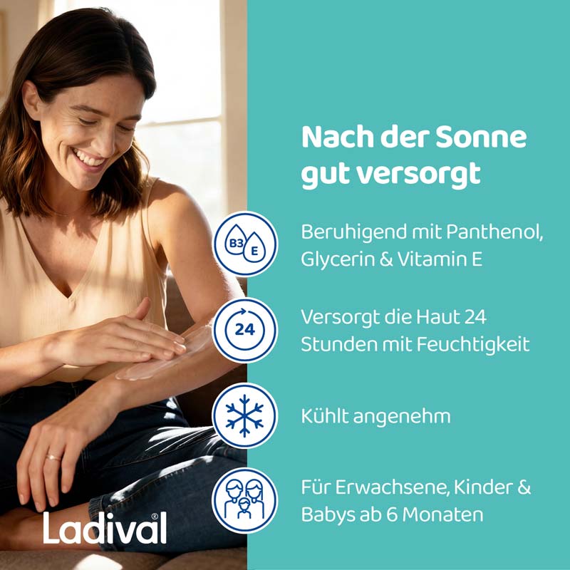 Ladival Empfindliche & Normale Haut Après Pflege-Lotion, After Sun Repair für Erwachsene & Kinder ab 6 Monaten geeignet, kühlt und pflegt nach der Sonne, spendet intensiv Feuchtigkeit, 200ml  