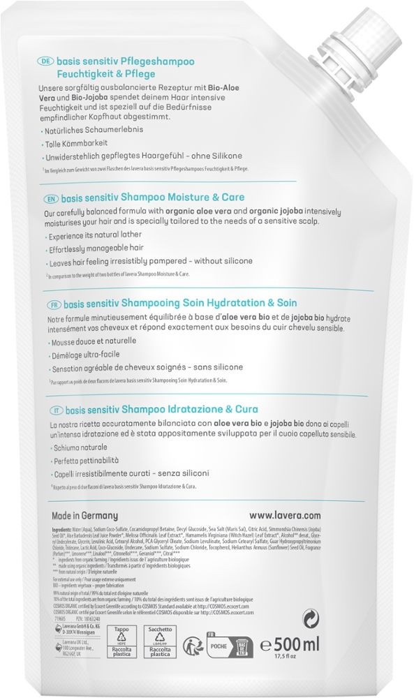 lavera BAIS SENSITIV PFLEGESHAMPOO FEUCHTIGKEIT & PFLEGE NACHFÜLLBEUTEL 500 ml Shampoo